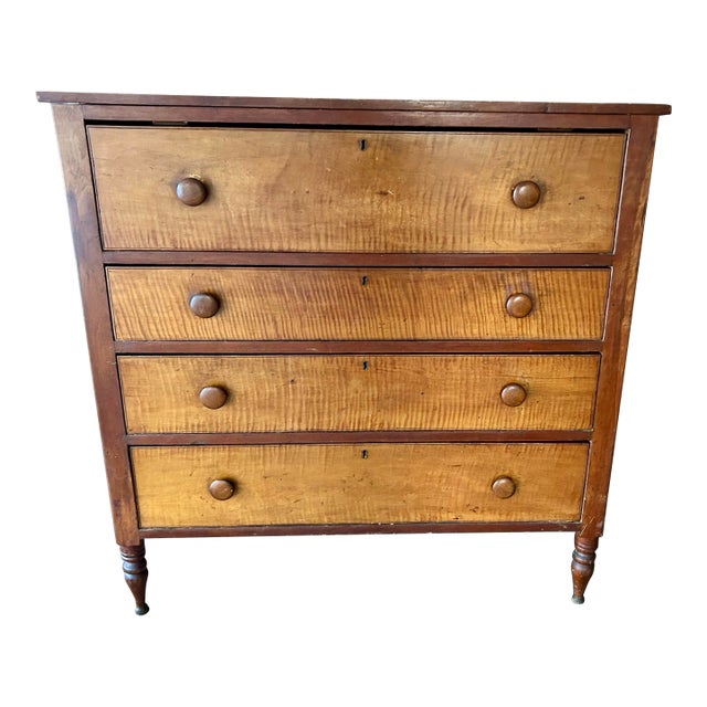 Antique Mid-Century, Modern , American Tiger Maple 4 Drawer Dresser, Circa 1840-1860 For Sale