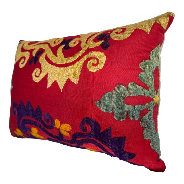 1900s Antique Suzani Pillow in Red and Gold For Sale