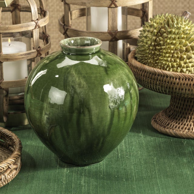 Modern Bulbus Glazed Ceramic Vase, Deep Green For Sale - Image 3 of 4
