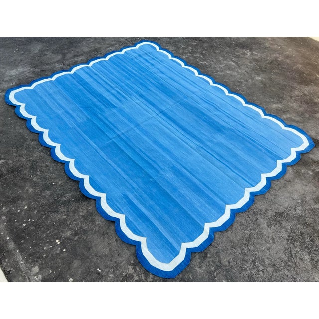 Handmade Cotton Area Scalloped Rug Blue, Cream, Indigo Blue Border Dhurrie - 5'x8' For Sale - Image 9 of 11