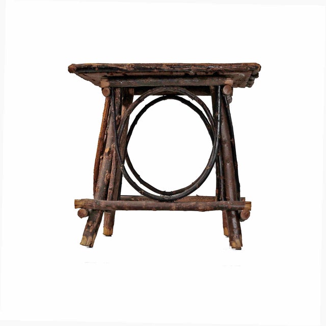 Pair of vintage twig tables with custom metal tops. Vintage Amish design. Some signs of wear, sturdy and functional....