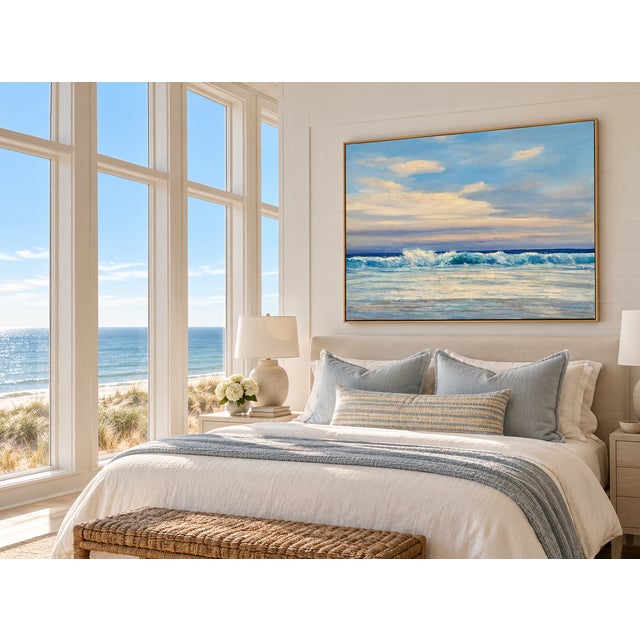 Original oil painting captures the peaceful movement of ocean waves beneath an expansive, softly illuminated sky. Layers...