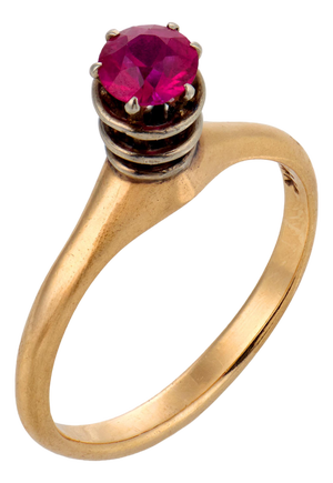 Vintage Architectural Synthetic Ruby 14k Yellow Gold Solitaire Ring, Size 7.5