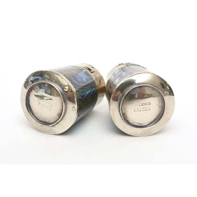 Silver Vintage Small Alpaca Silver and Abalone Salt and Pepper Shakers With Tray For Sale - Image 8 of 9
