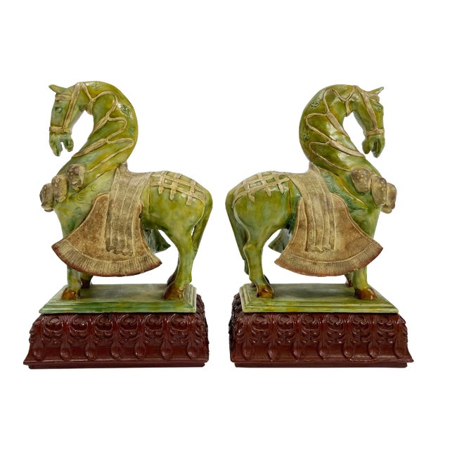 Vintage Chinoiserie Style Decorative Imperial Tang Dynasty Horses, a Pair For Sale