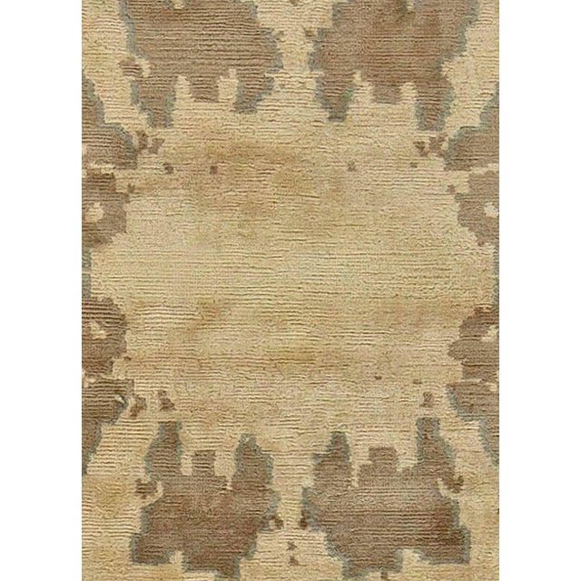 Abstract Modern Hand-Knotted Tibetan Silk Rug in Brown and Beige Size: 4'0" × 4'9" (121 × 144 cm). Subtle yet striking,...