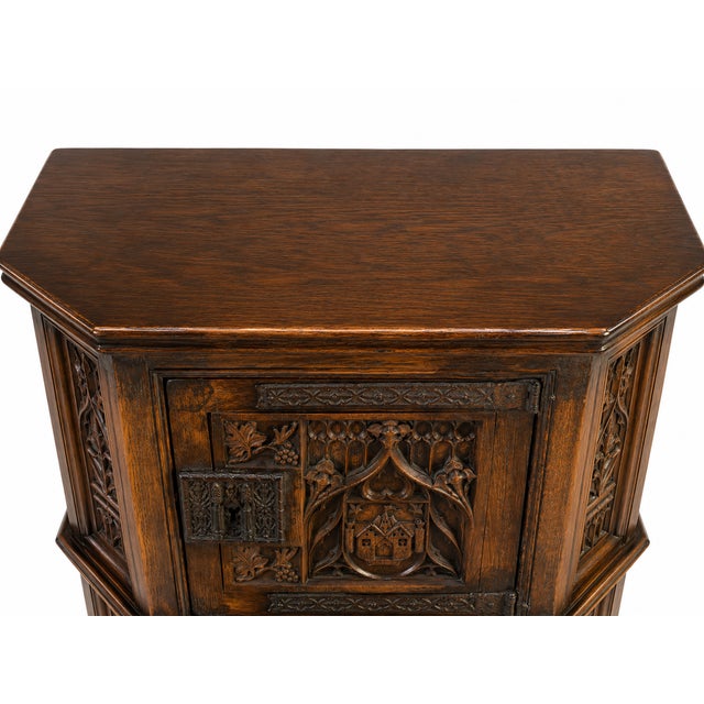 Brown Pair of Antique French Gothic Carved Oak Cabinets With Heraldic Crest Iron Hardware - 2 For Sale - Image 8 of 9
