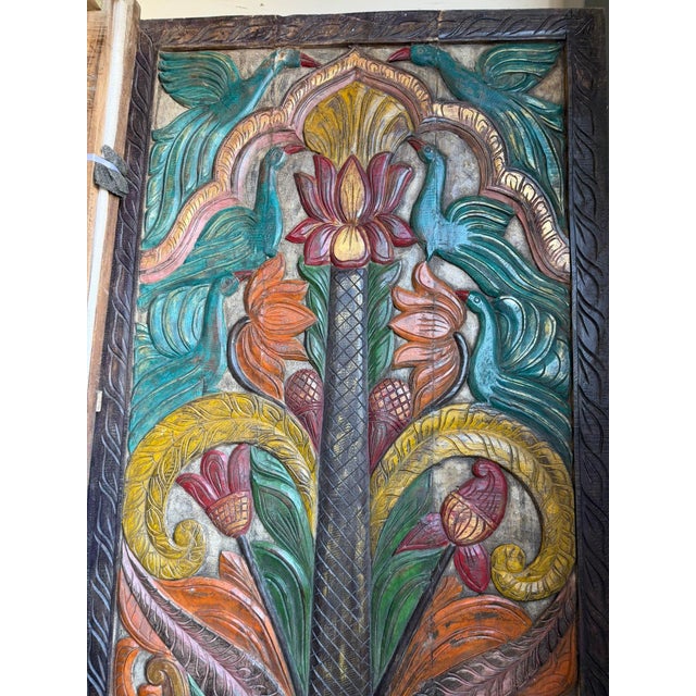 Hand-Painted Carved Wood Door Panel – Tree of Life With Lotus, Cranes & Elephant Motifs 84x36 For Sale - Image 4 of 5