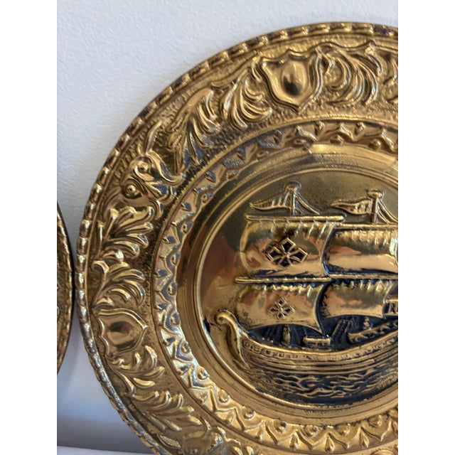 Metal Pair of Vintage English Embossed Brass Ship Plates For Sale - Image 7 of 13