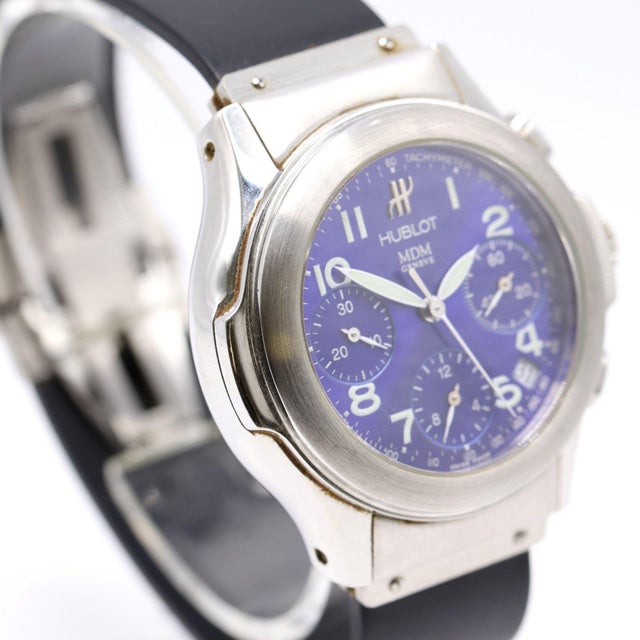 1990s Hublot Elegant MDM 1810.2 Stainless Steel Blue Dial Automatic Chronograph Watch For Sale - Image 4 of 8
