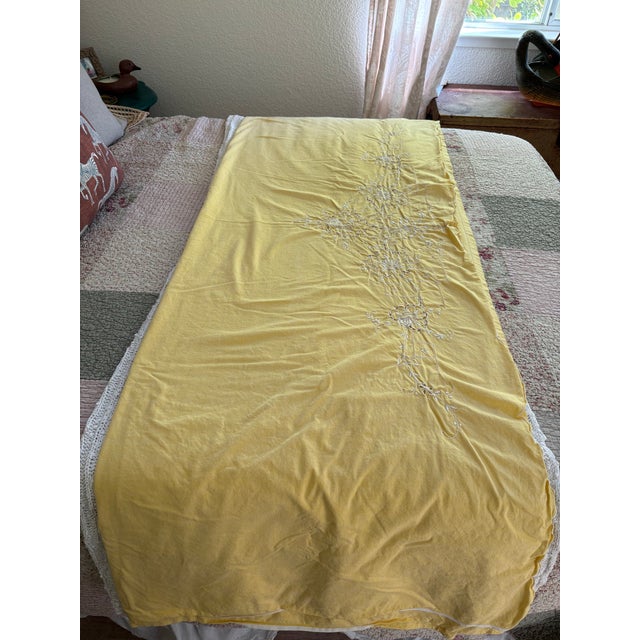 Textile Vintage, Cheerful, Yellow Embroidered Cotton Large Tablecloth or Coverlet For Sale - Image 7 of 10