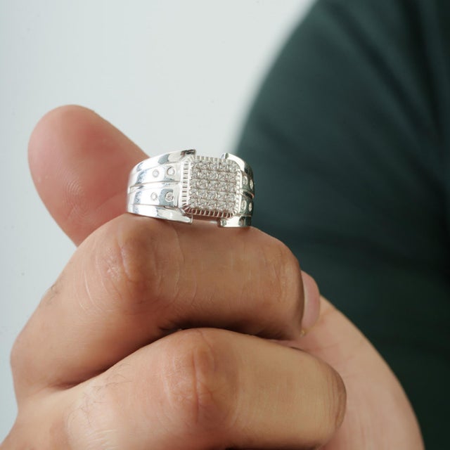 Modernist Heavy Sterling Silver Unisex Wide Band Ring With Round Pavé Moissanite Size 8 For Sale - Image 10 of 15