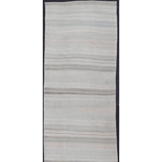 Measures: 2'9 x 13'9 Vintage Turkish Kilim Runner with Soft Gray, Ivory, Sand, and Taupe Stripes. Keivan Woven Arts /...