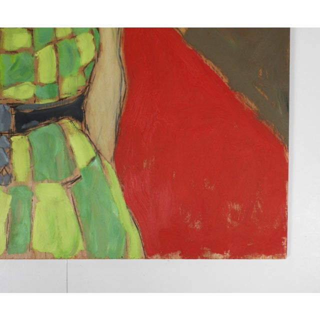Contemporary oil on wood panel expressionist portrait painting of woman in a green check dress by K. C. Bacon (1948-2026)...