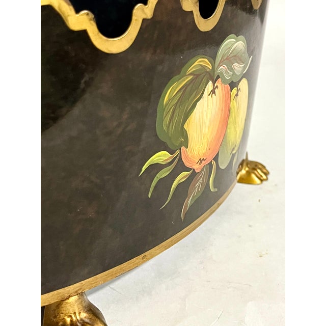 Maison Lancel Vintage French Black Tole Cachepot With Hand-Painted Fruit and Gilt Scalloped Rim Lion Head Ring Handles For Sale - Image 14 of 17