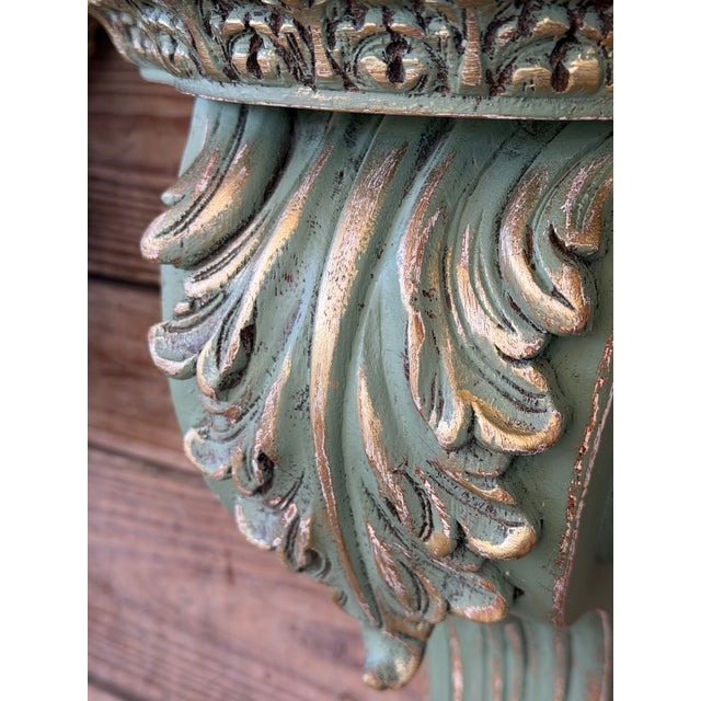Pistachio Pair of Carved Acanthus Wall Bracket Shelves / Corbels in Distressed Green Finish For Sale - Image 8 of 12