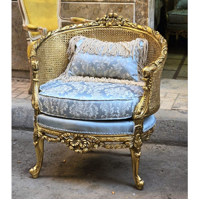2020s Baroque Style Sky Blue Damask Armchair – Gold Leaf Accent Chair With Pillow For Sale - Image 5 of 5