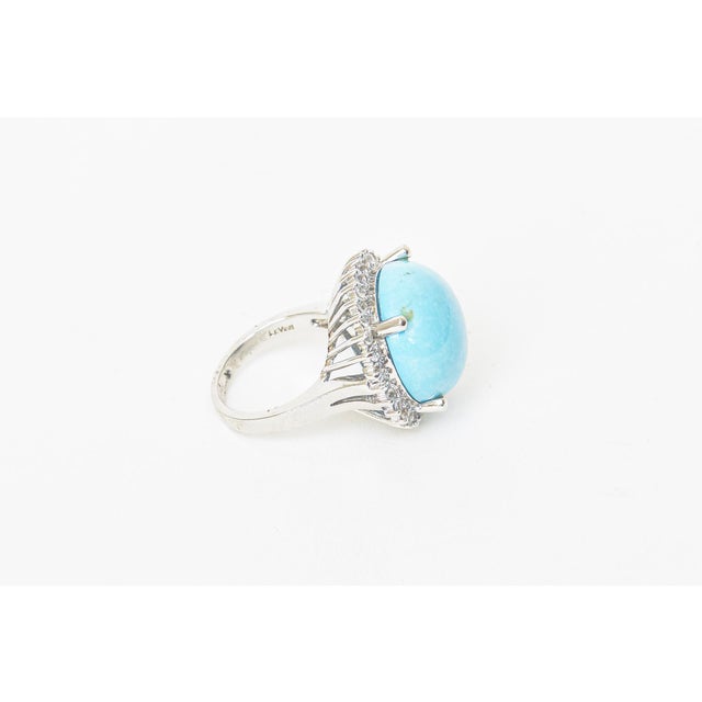 Mid-Century Modern Vintage 1960's Persian Turquoise With Surround Diamonds 18k White Gold Dome Cocktail Ring, Size 7 For Sale - Image 3 of 11