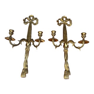 Pair of 1970s Brass Bow Candle Wall Sconces For Sale