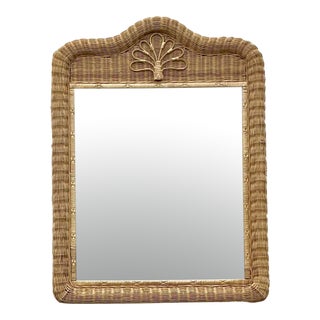 Vintage Coastal Woven Rattan Arched Mirror For Sale