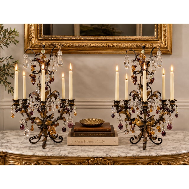 Italian Circa 1940s Italian Gilt Tole & Glass Fruit Candelabra — Pair For Sale - Image 3 of 10