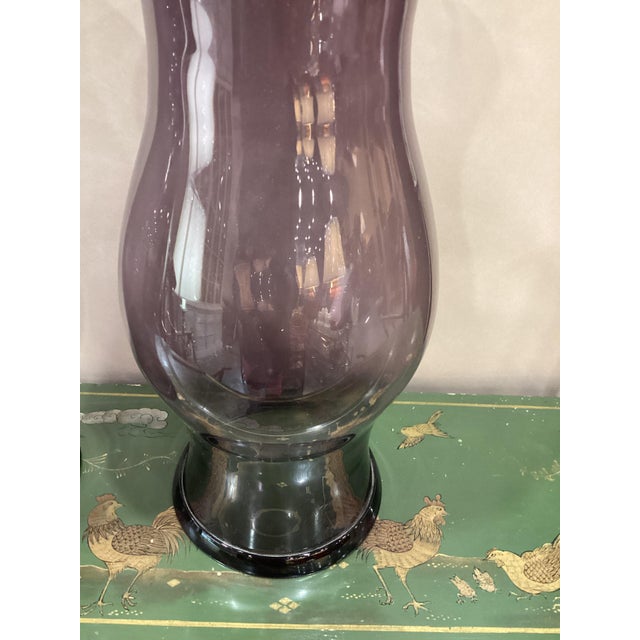 Pair of English Amethyst - Colored Glass Hurricanes. Perfect for a sideboard with a simple pair of candlesticks.