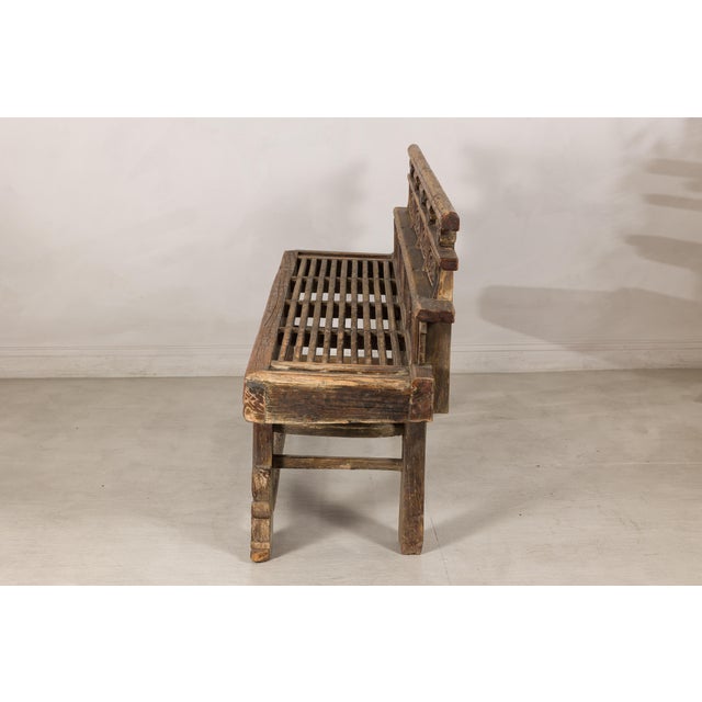 Early 20th Century Antique Chinese Rustic Wood Bench with Carved Openwork Back For Sale - Image 5 of 14