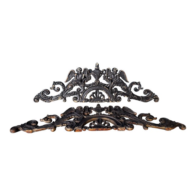 Antique Victorian Cast Iron Cherub Architectural Pediment Decorative / Wall Decor - Set of 2 For Sale