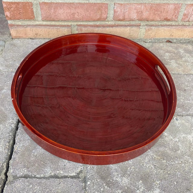 Vintage Asian Red Lacquered Round Serving Tray For Sale - Image 4 of 12