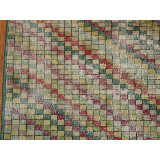 Contemporary Late 20th Century Distressed Checkerboard Green Turkish Deco Room Rug - 8'4" x 9'9" For Sale - Image 3 of 6