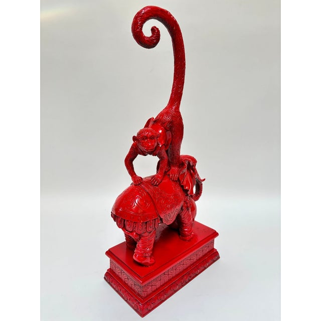 Hollywood Regency Chinoiserie Red Elephant & Monkey Sculpture Glossy Resin 1970s For Sale - Image 13 of 15