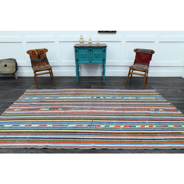 Abstract 1970s Vintage Turkish Oushak Handmade Wool Cotton Blue Runner Rug For Sale - Image 3 of 11