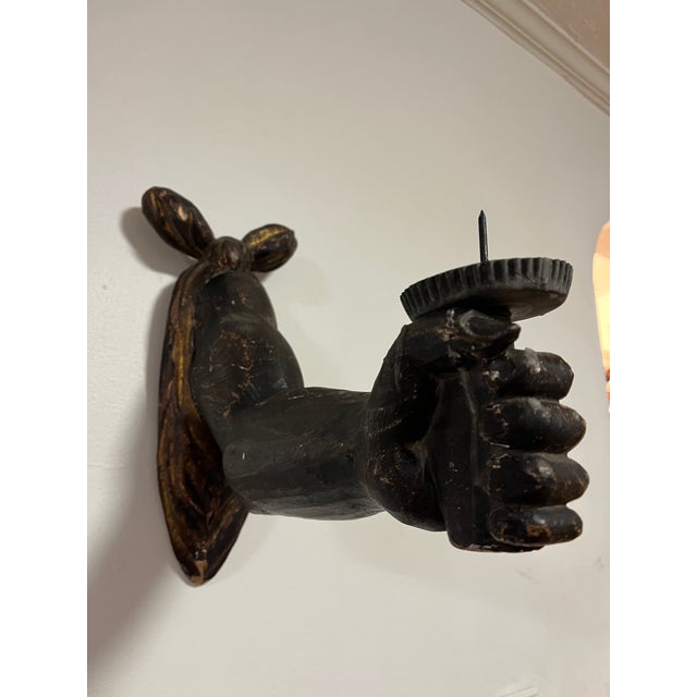 Early 20th Century Antique Hand Carved Wooden Powerful Fists Wall Candle Sconces Salvaged Architecture For Sale - Image 5 of 18