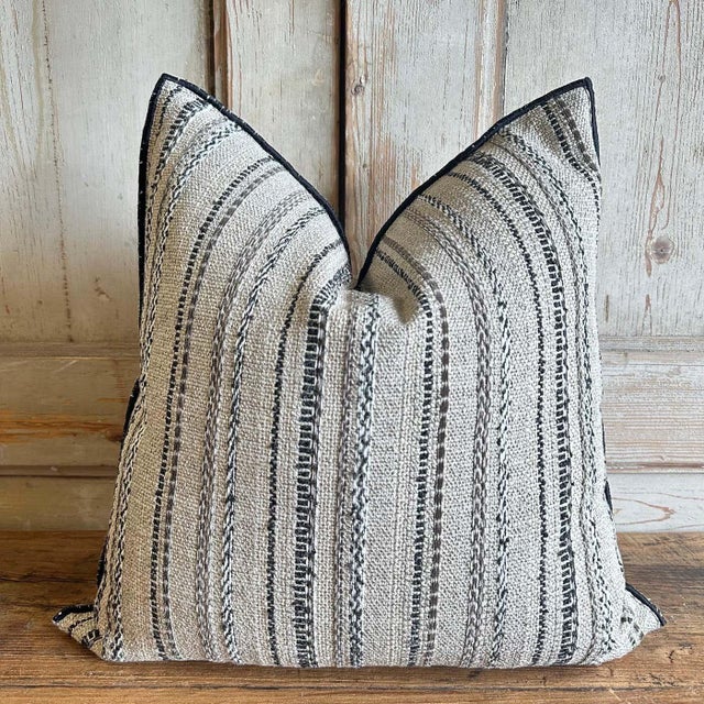 Custom toile bivouac rayee pillow Made in France Custom bloom home pillow in a thick nubby natural linen with woven...