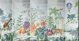 Chinoiserie Mural Hand Painted Wallpapers With Animals on Ice Blue Silk Panel - 5 Panels