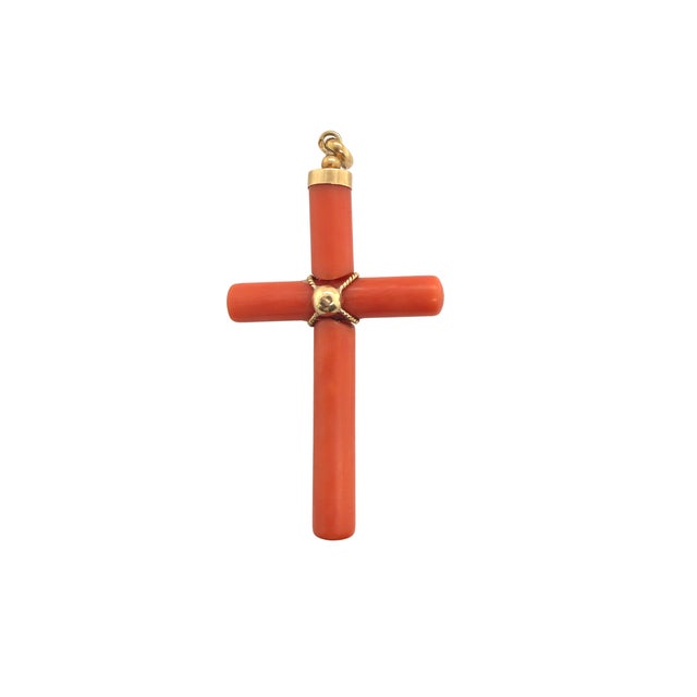 Victorian Late 19th Century Victorian Coral Cross Pendant With 18k Gold Mounts and Seed Pearl For Sale - Image 3 of 3