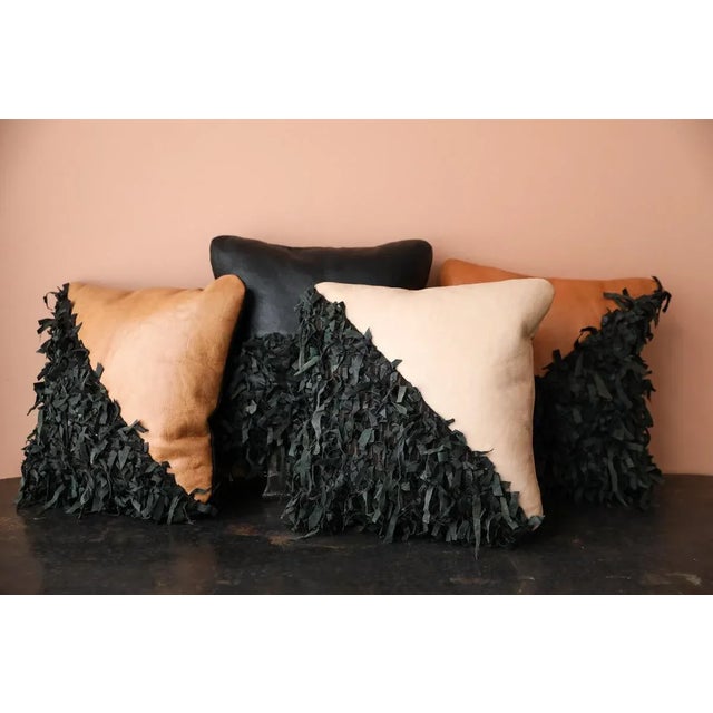 Handmade Geometric Shag Leather Decorative Pillow - Desert Sand & Black 18 X 18" Inches For Sale - Image 10 of 12