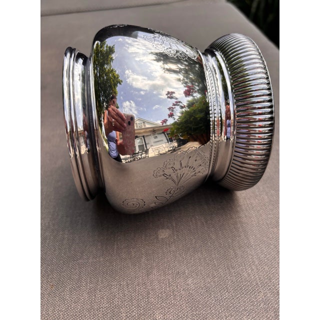Antique Meriden Britannia Silver Plate Cachepot Engraved Victorian Jardiniere Vase Pattern No. 1952 | Art Nouveau Floral Repoussé | Mirror Finish For Sale In Louisville - Image 6 of 12
