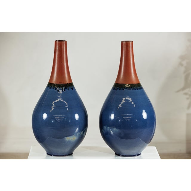 Blue Large Artisan Teardrop Ceramic Vases in Deep Blue and Terracotta Glaze - A Pair For Sale - Image 8 of 18