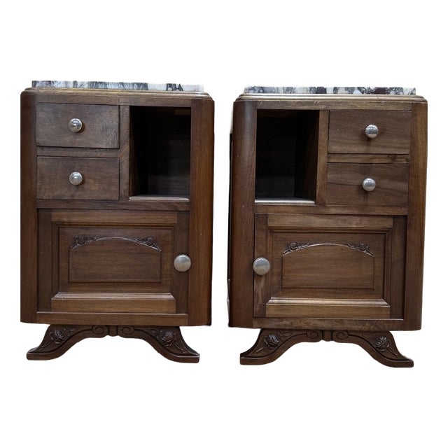 Vintage Art Deco Bedside Tables in Walnut, 1940s, Set of 2 For Sale