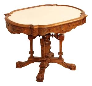 Antique Victorian Carved Walnut Marble Top Parlor Table