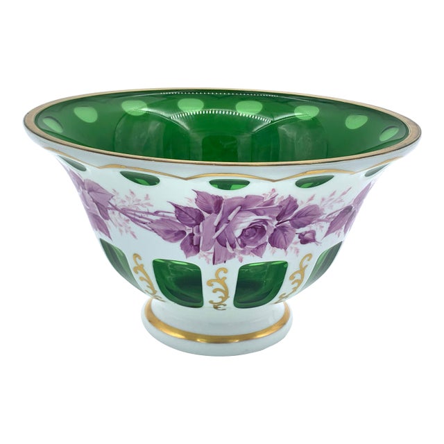 Moser-Style Hand Blown Glass Hand Painted Bowl For Sale