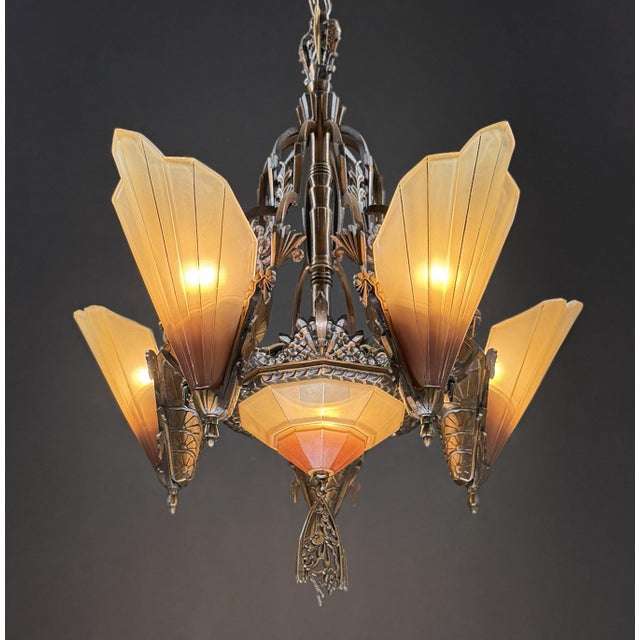 1930s Mid-West Mfg. Soleure Series Art Deco 6-Light Slip Shade Chandelier in Cast Bronze For Sale - Image 13 of 15