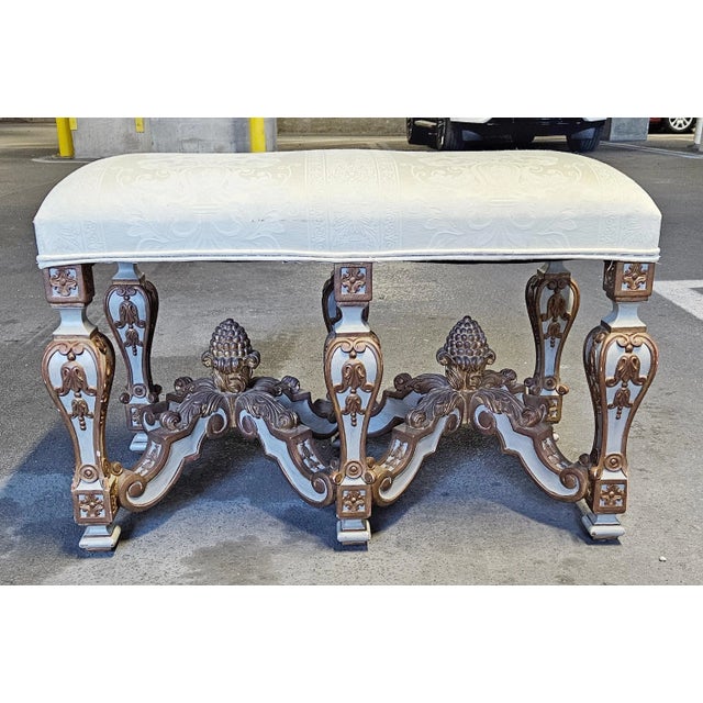 Stunning Venetian Style Polychromed and Gilt Hand Carved Wood Bench sold as found previously owned and used showing normal...
