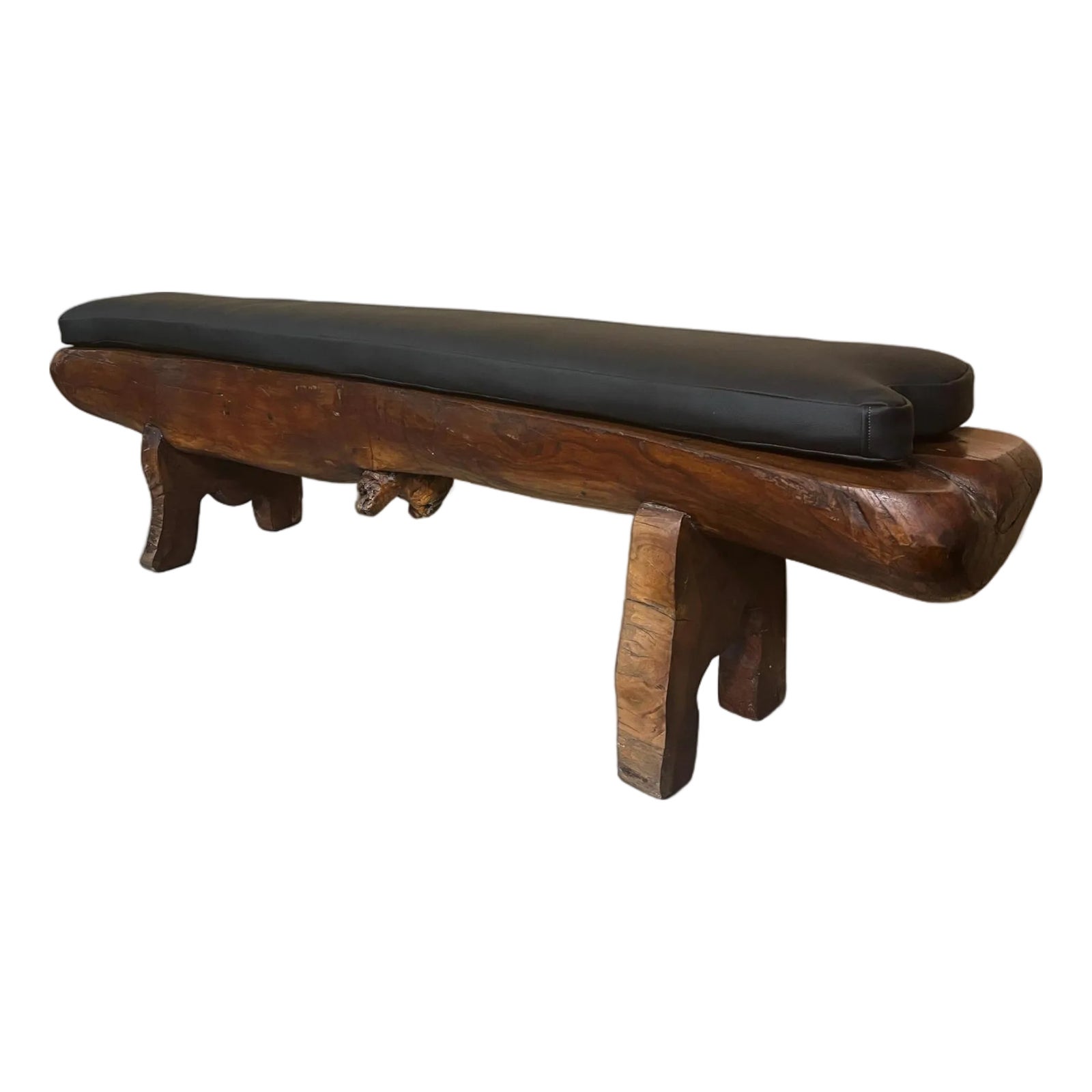 Sculptural Organic Modern Solid Wood Bench With Cushion | Chairish
