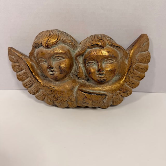 Vintage Gold Cherub Angel Wall Plaque Double Winged Putti Relief Sculpture 10in For Sale - Image 10 of 13
