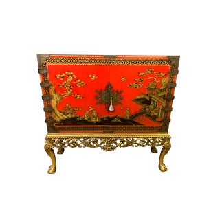 Red Lacquered Chinoiserie Cabinet on Stand, 1920 For Sale