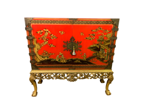 Red Lacquered Chinoiserie Cabinet on Stand, 1920