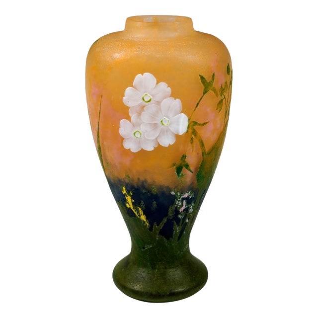 Art Nouveau Cameo Vase with Primroses Decor from Daum Nancy, France, 1920 For Sale