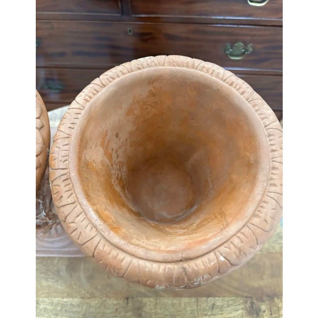 Mid Twentieth Century Neoclassical Italian Style Terracotta Footed Urns With Raised Relief of Classic Greek Scenery / Women, a Pair For Sale - Image 6 of 9